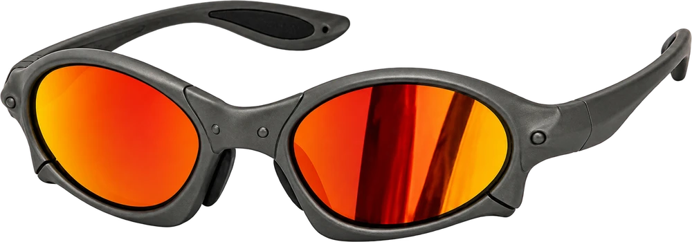 Lupa de armação cinza e lentes espelhadas laranja
